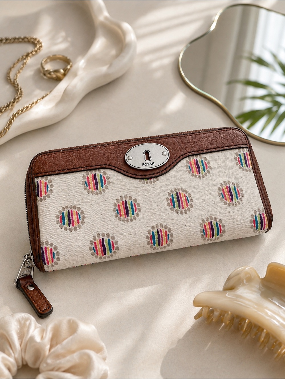 Fossil Y2K Key Per Wallet Zip Around Coated Canvas Preppy Indie Boho Retro Chic